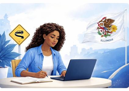 Девушка готовиться к сдаче DMV теста штата Illinois