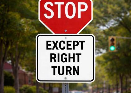 The "EXCEPT RIGHT TURN" (R1-10P) sign is a white, rectangular, regulatory plaque mounted below a STOP sign