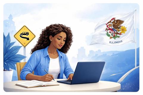Девушка готовиться к сдаче DMV теста штата Illinois